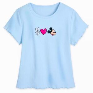 Disney Peace Love Mickey Mouse Blue Cropped Lightweight Lettuce Trim Tee XL NWT